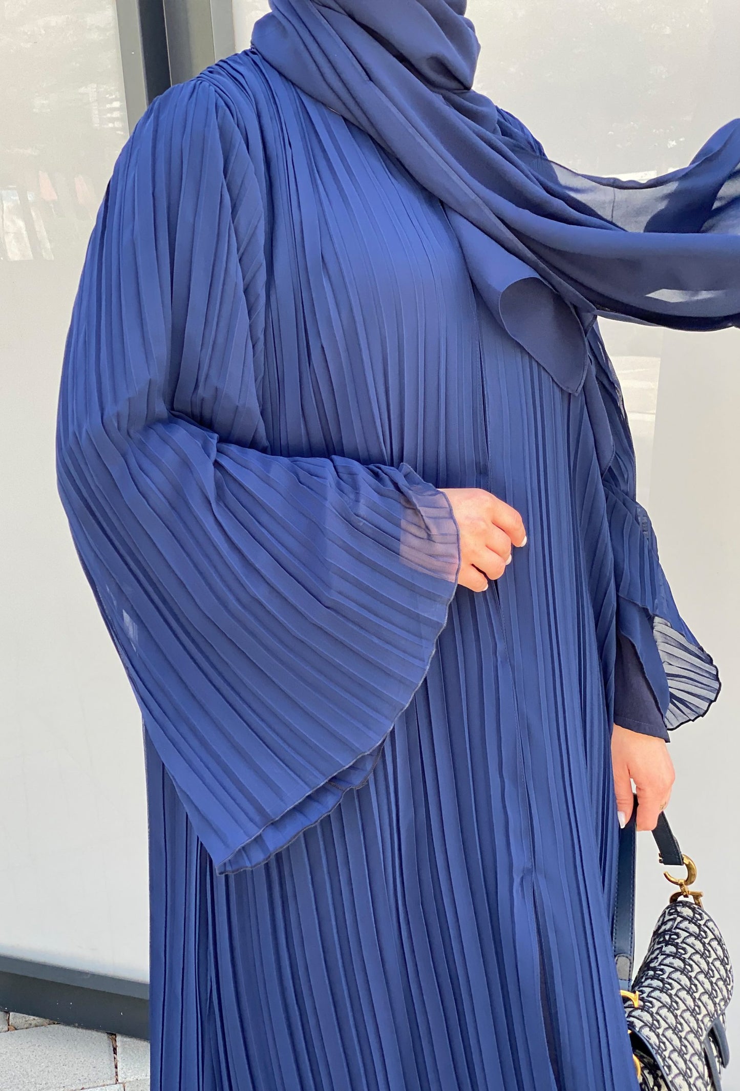 MOiSTREET Blue Pleated Chiffon Abaya (6701419561144)