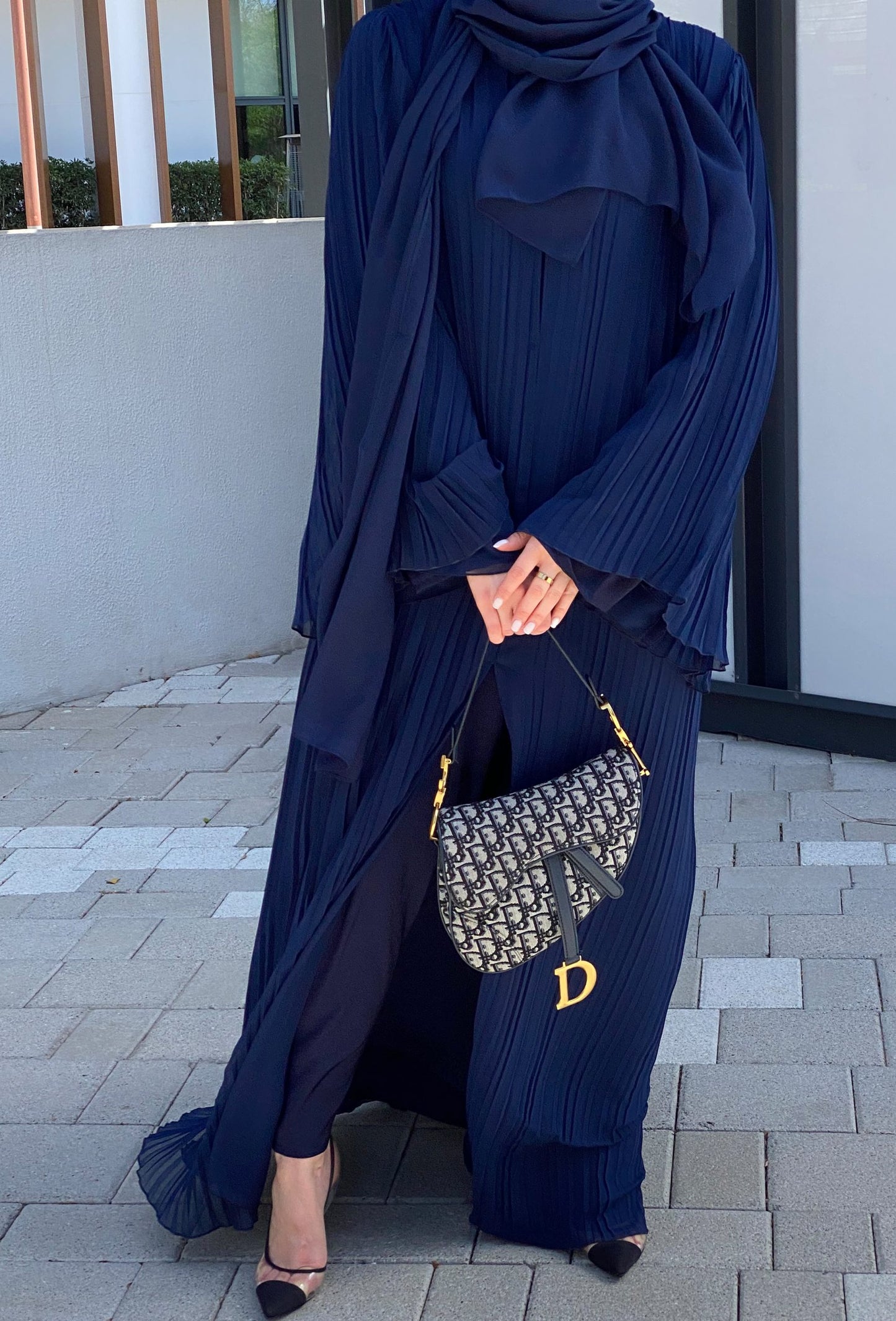 MOiSTREET Blue Pleated Chiffon Abaya (6701419561144)