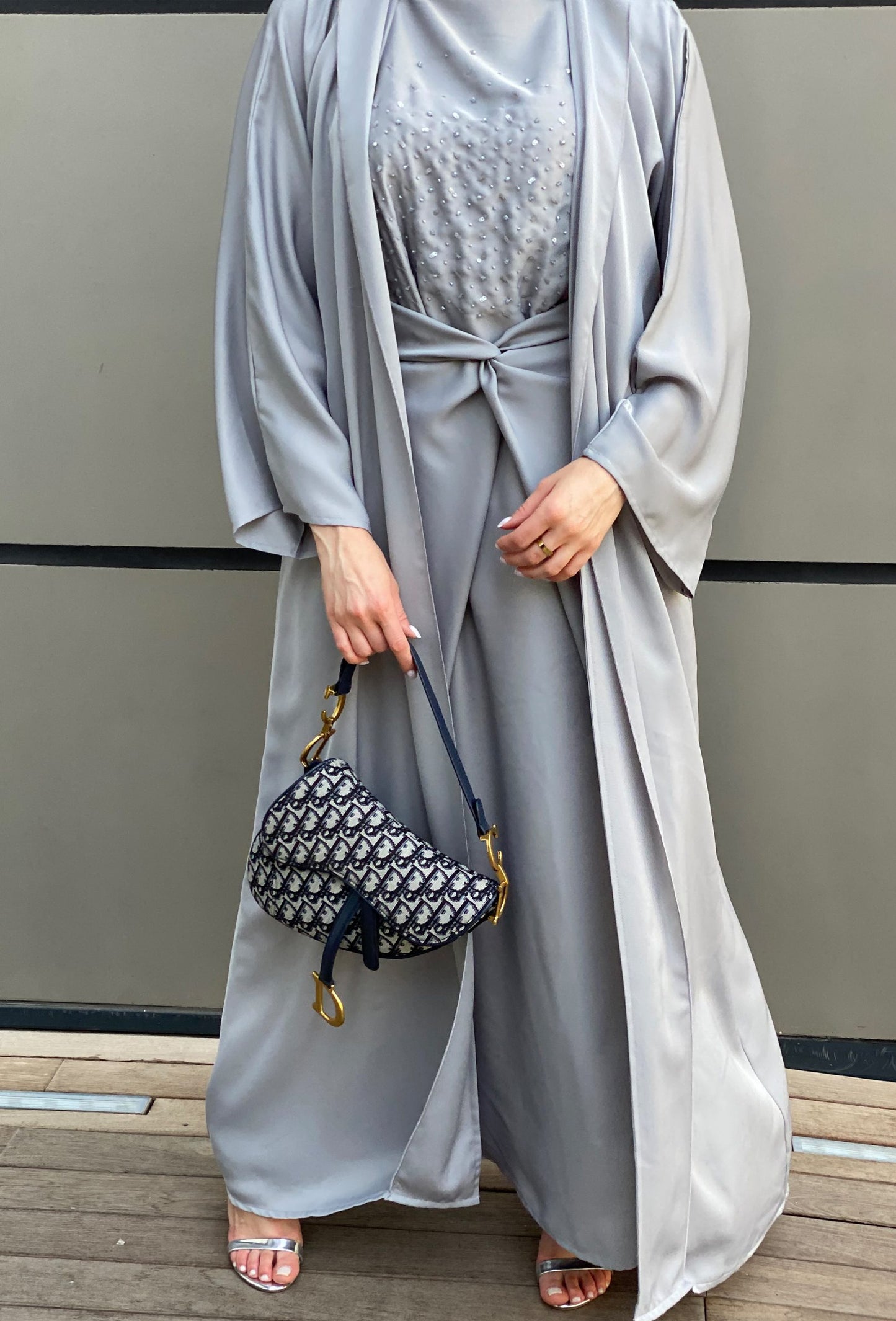 MOiSTREET Korean Nada Grey Abaya Set with Embroidered under dress attached with Belt (6701419659448)