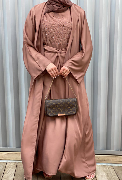 MOiSTREET Korean Nada Tan Abaya Set with Embroidered under dress attached with Belt (6701419790520)