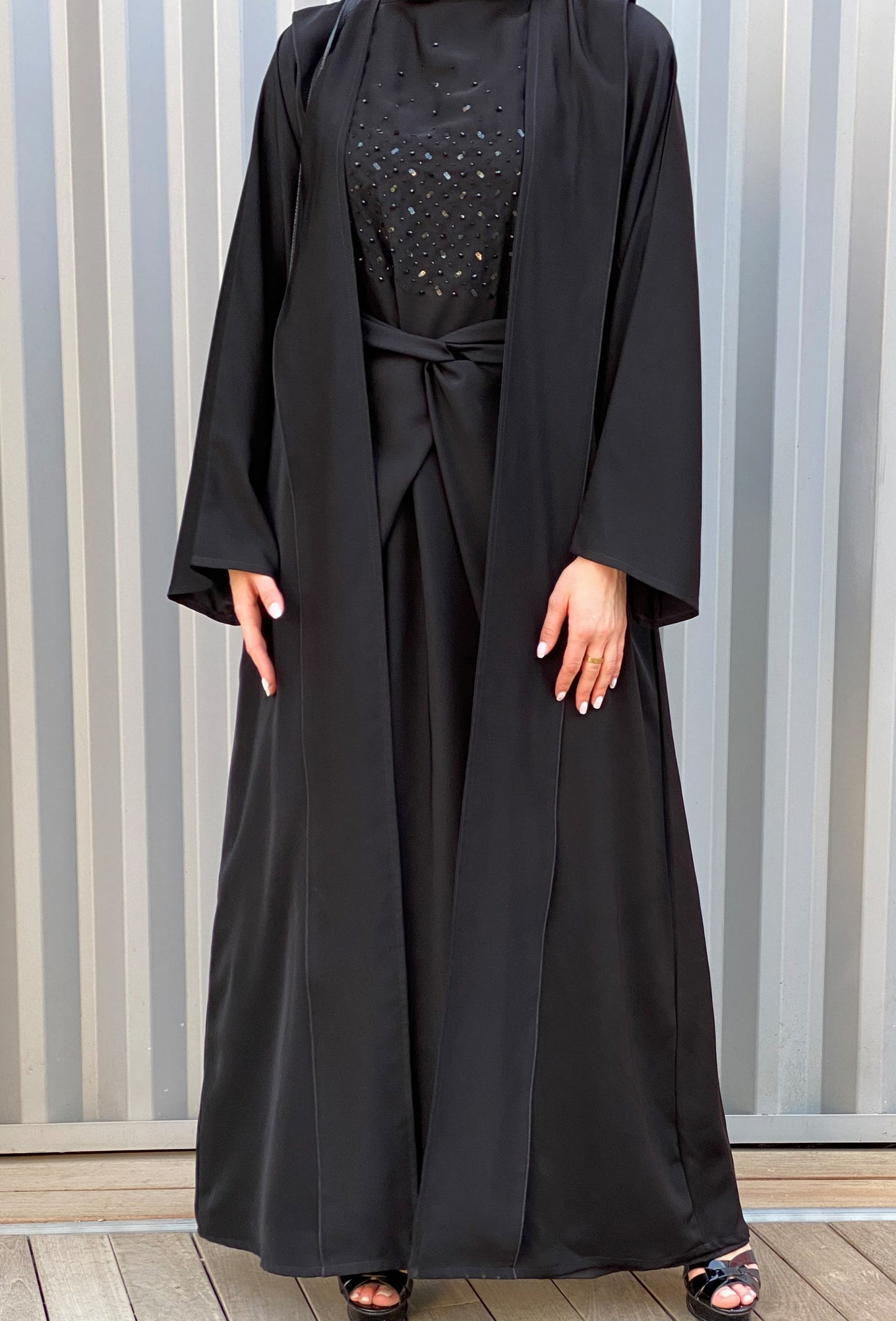 MOiSTREET Black Nada Abaya Set with Embroidered Under Dress (6701419888824)