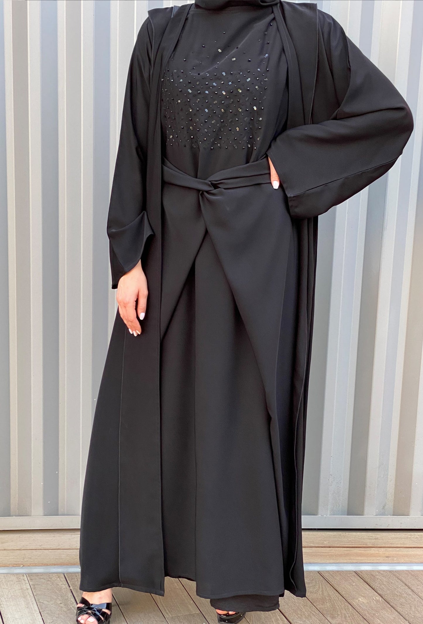 MOiSTREET Black Nada Abaya Set with Embroidered Under Dress (6701419888824)