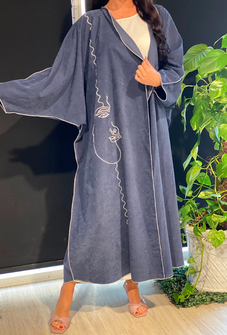 MOiSTREET Blue Bisht Style Abaya with Thread Work (6701420216504)