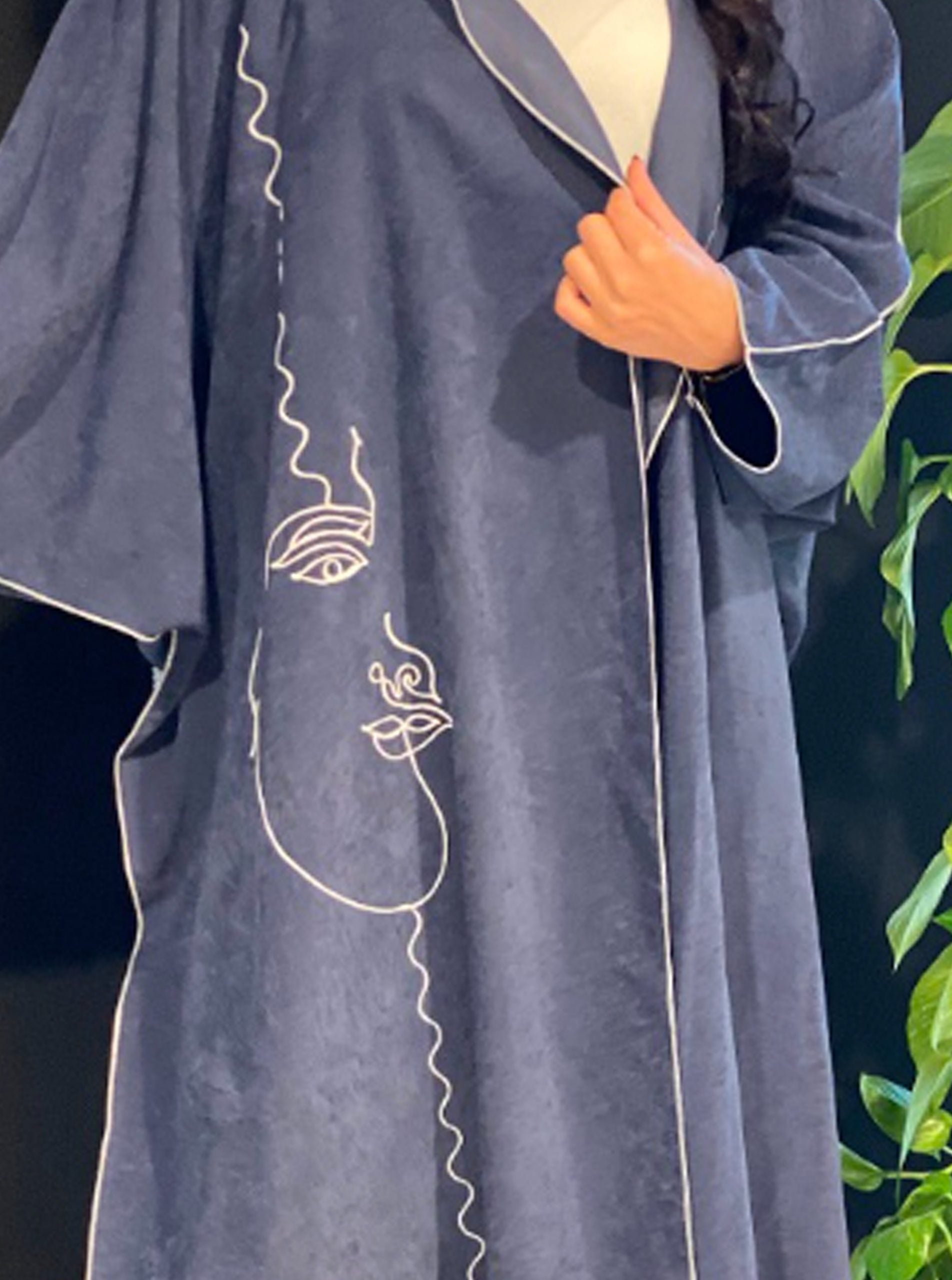 MOiSTREET Blue Bisht Style Abaya with Thread Work (6701420216504)