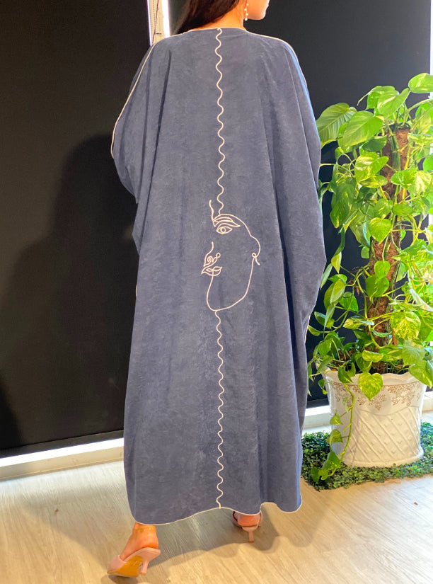 MOiSTREET Blue Bisht Style Abaya with Thread Work (6701420216504)