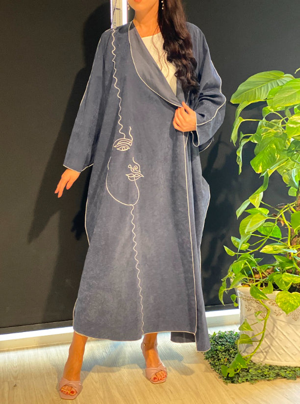 MOiSTREET Blue Bisht Style Abaya with Thread Work (6701420216504)