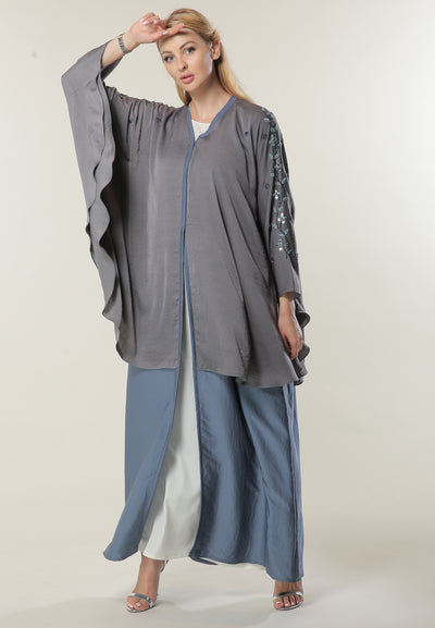 Shop Colorblock Layered Abaya with Handwork (6701412843704) عباية رمادية