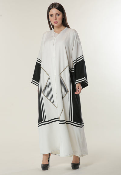 Shop White Abaya with Black Stripes and Golden Handwork (6701410386104)