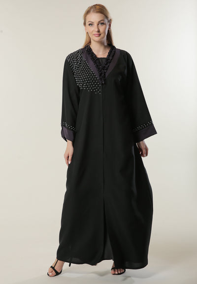 Shop Black Abaya with Pleated Collar and Hand Embroidery (6701411401912)
