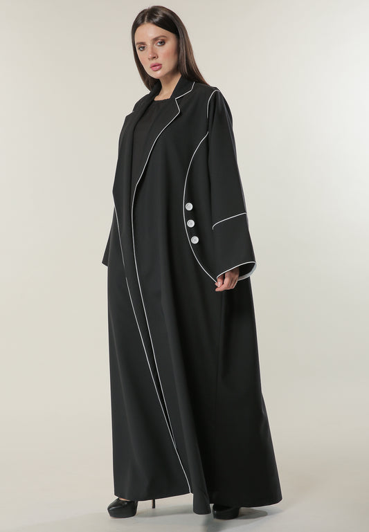 Shop Black Abaya with white Pipin and Buttons detailing (6701411631288)