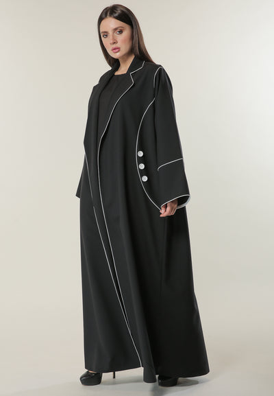 Shop Black Abaya with white Pipin and Buttons detailing (6701411631288)