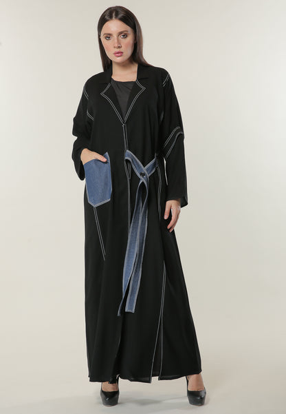 Shop Black Casual Abaya with Denim Pocket and Belt Detailing (6701409304760)