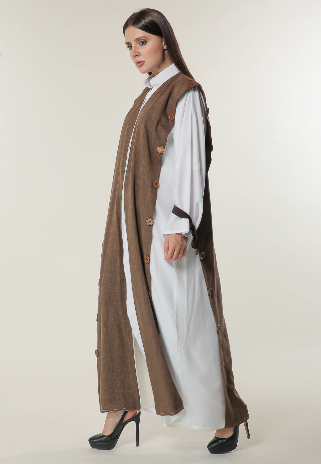 MOiSTREET White Abaya with Brown Panels and Buttons Detailing (6701409370296)