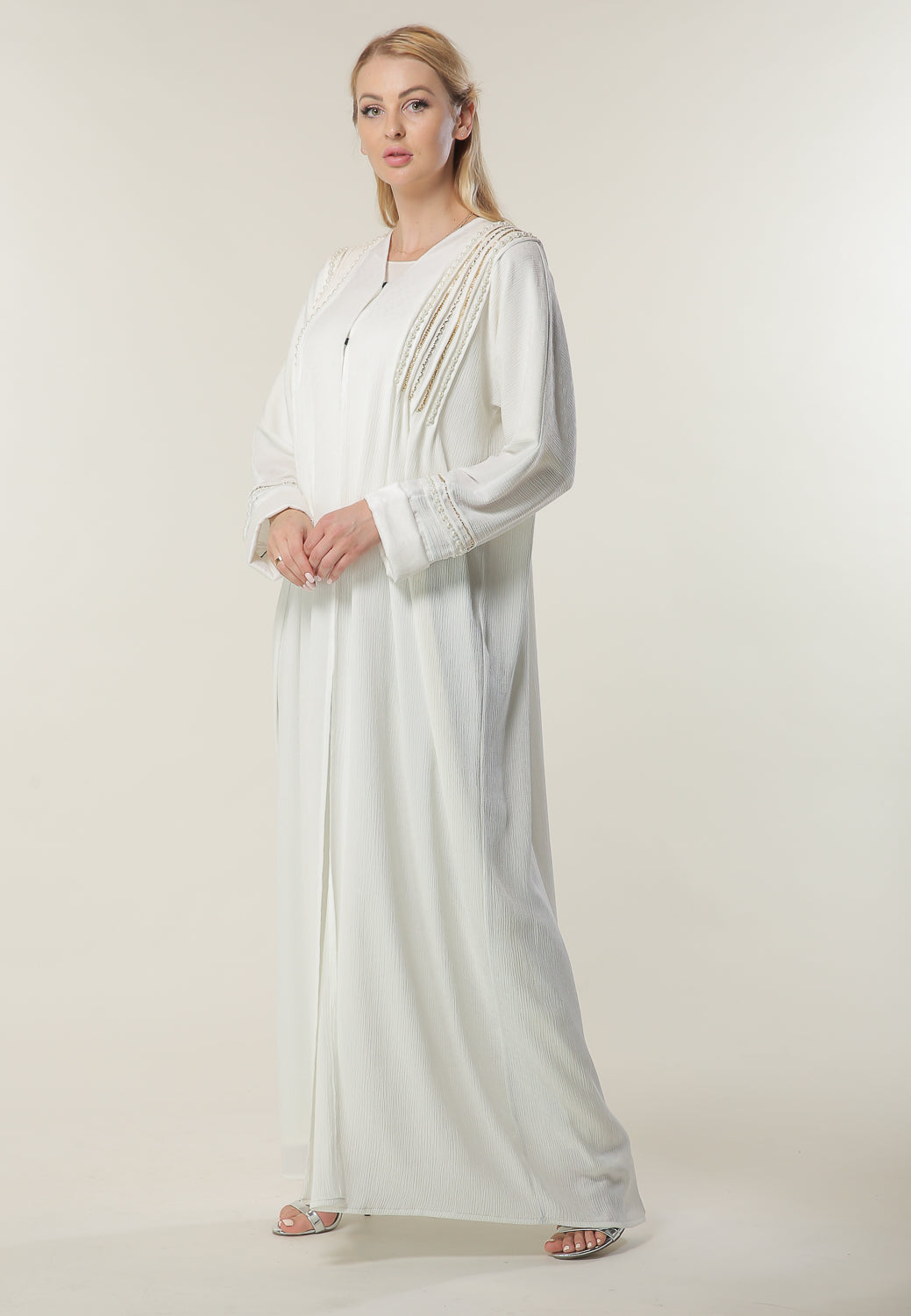 MOiSTREET White Abaya with Hand Work on shoulders (6701413040312)