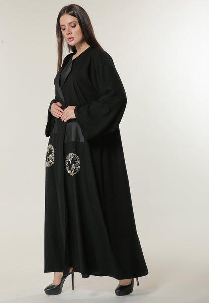 MOiSTREET Black Abaya with Abstract Beads and Thread work (6701409140920)