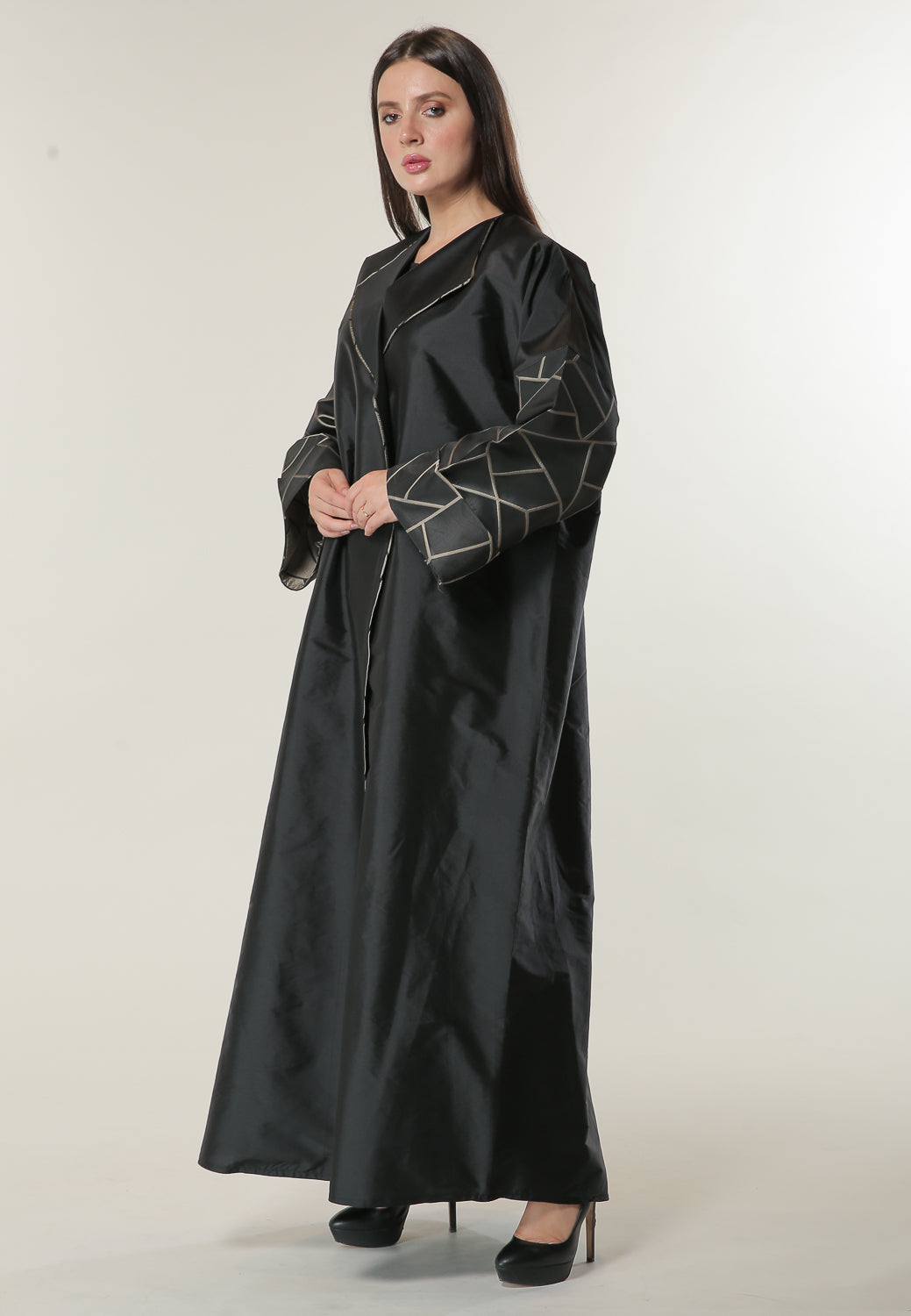 MOiSTREET Black Coat style Abaya with Jacquard Sleeves and Pipin (6701409632440)