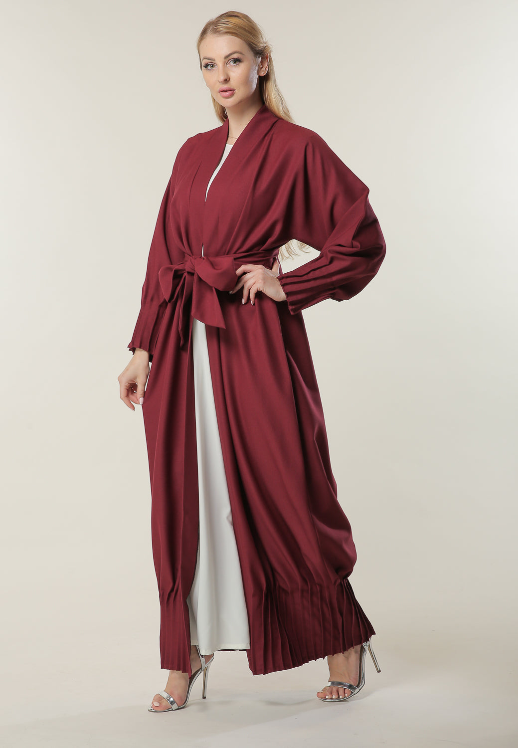 MOiSTREET Maroon Abaya with Pleated hem and sleeves (6701410844856)