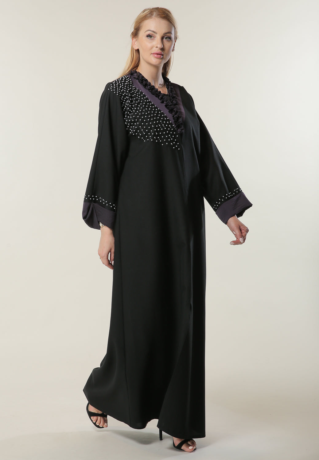 MOiSTREET Black Abaya with Pleated Collar and Hand Embroidery (6701411401912)