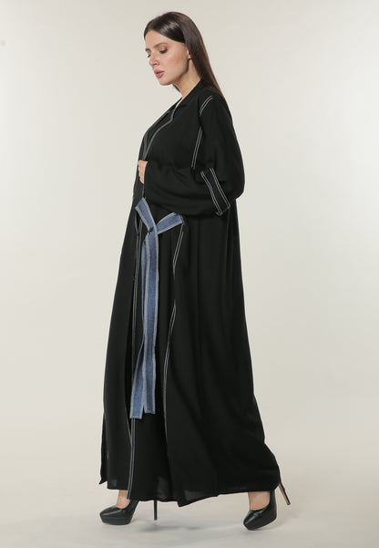 MOiSTREET Black Casual Abaya with Denim Pocket and Belt Detailing (6701409304760)