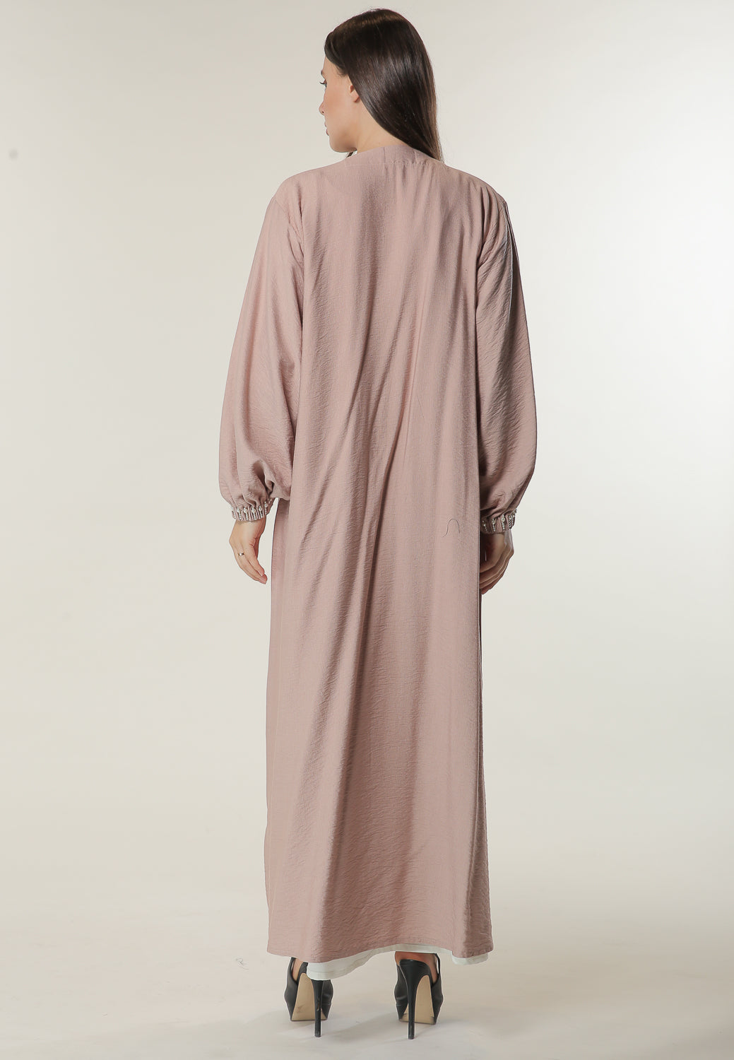 MOiSTREET Pink Abaya with Beadwork on Elasticated Sleeves (6701409566904)