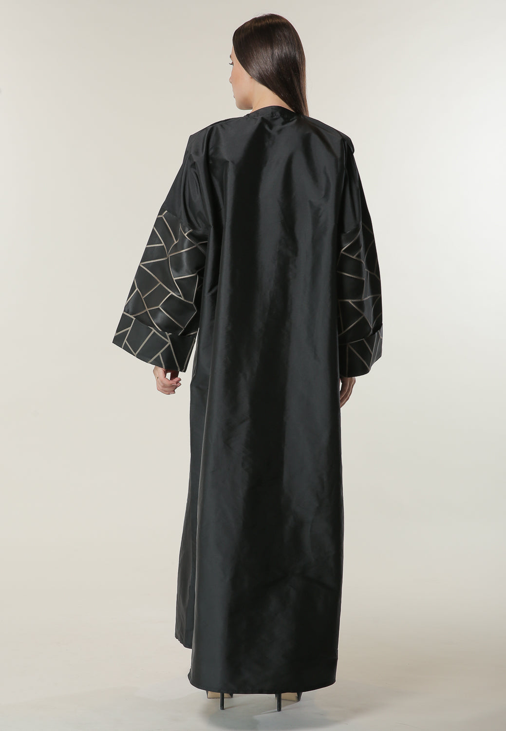 MOiSTREET Black Coat style Abaya with Jacquard Sleeves and Pipin (6701409632440)