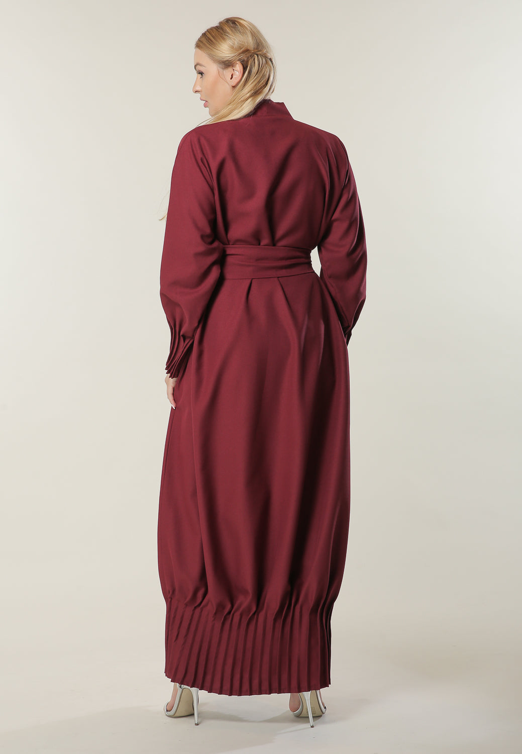 MOiSTREET Maroon Abaya with Pleated hem and sleeves (6701410844856)