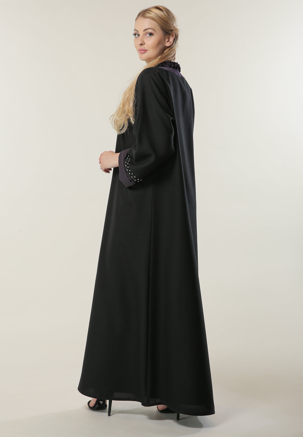 MOiSTREET Black Abaya with Pleated Collar and Hand Embroidery (6701411401912)