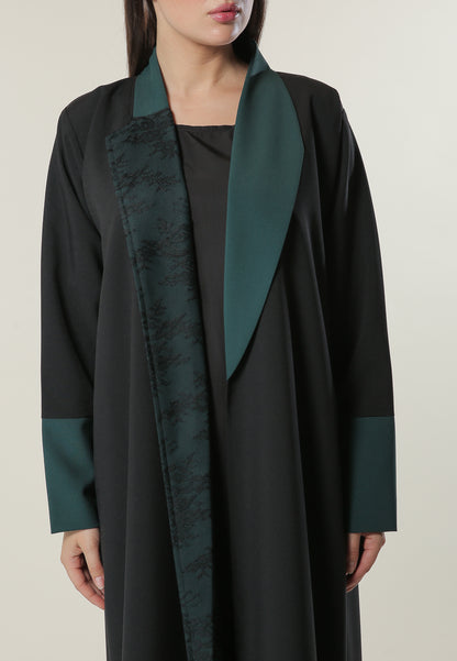 MOiSTREET Black Abaya with Contrast Panels Overlaid with Net Lace (6701411598520)