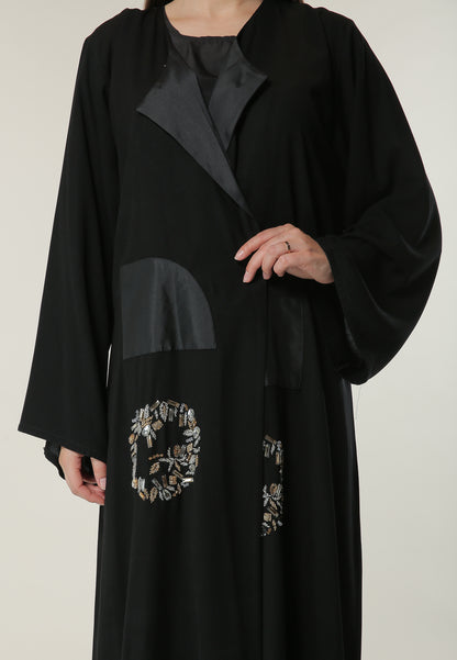 MOiSTREET Black Abaya with Abstract Beads and Thread work (6701409140920)
