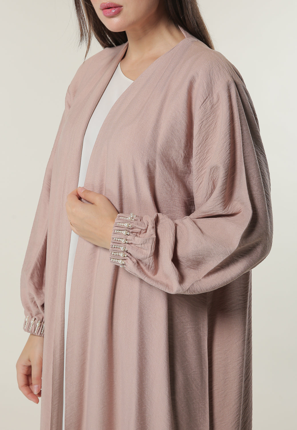 MOiSTREET Pink Abaya with Beadwork on Elasticated Sleeves (6701409566904)