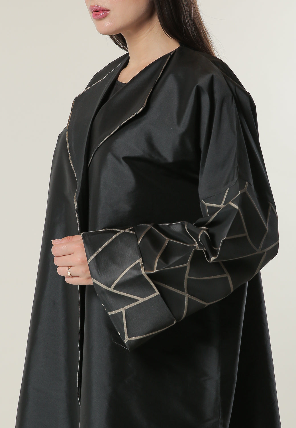 MOiSTREET Black Coat style Abaya with Jacquard Sleeves and Pipin (6701409632440)