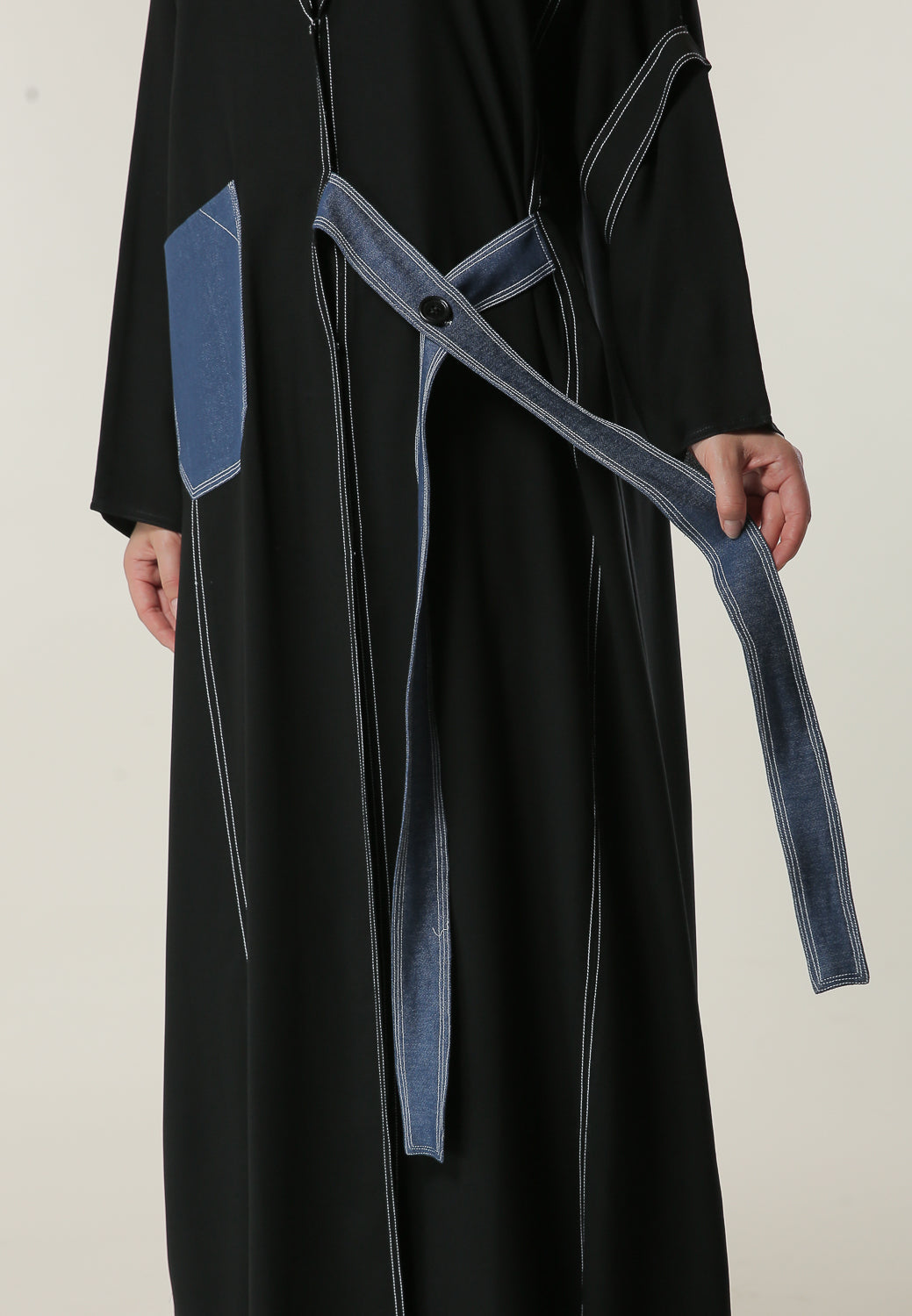 MOiSTREET Black Casual Abaya with Denim Pocket and Belt Detailing (6701409304760)