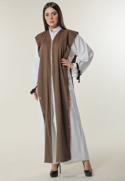shop White Abaya with Brown Panels and Buttons Detailing (6701409370296)