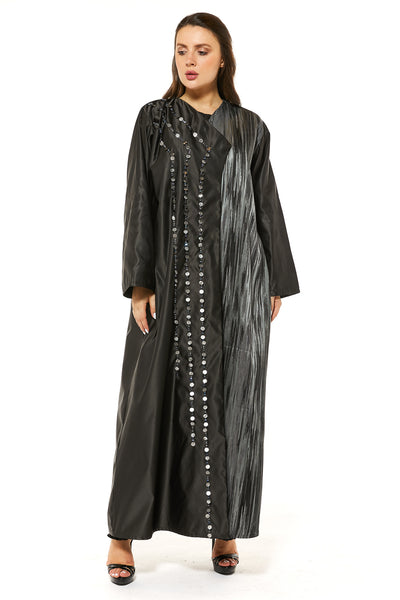 Black Abaya With Jacquard Panel And Hand Embroidered Embellishments (7464337703139) عباية سوداء