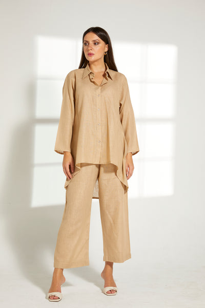 MOiSTREET Beige Linen Fabric With  Top and Pants Set (7822185234659)