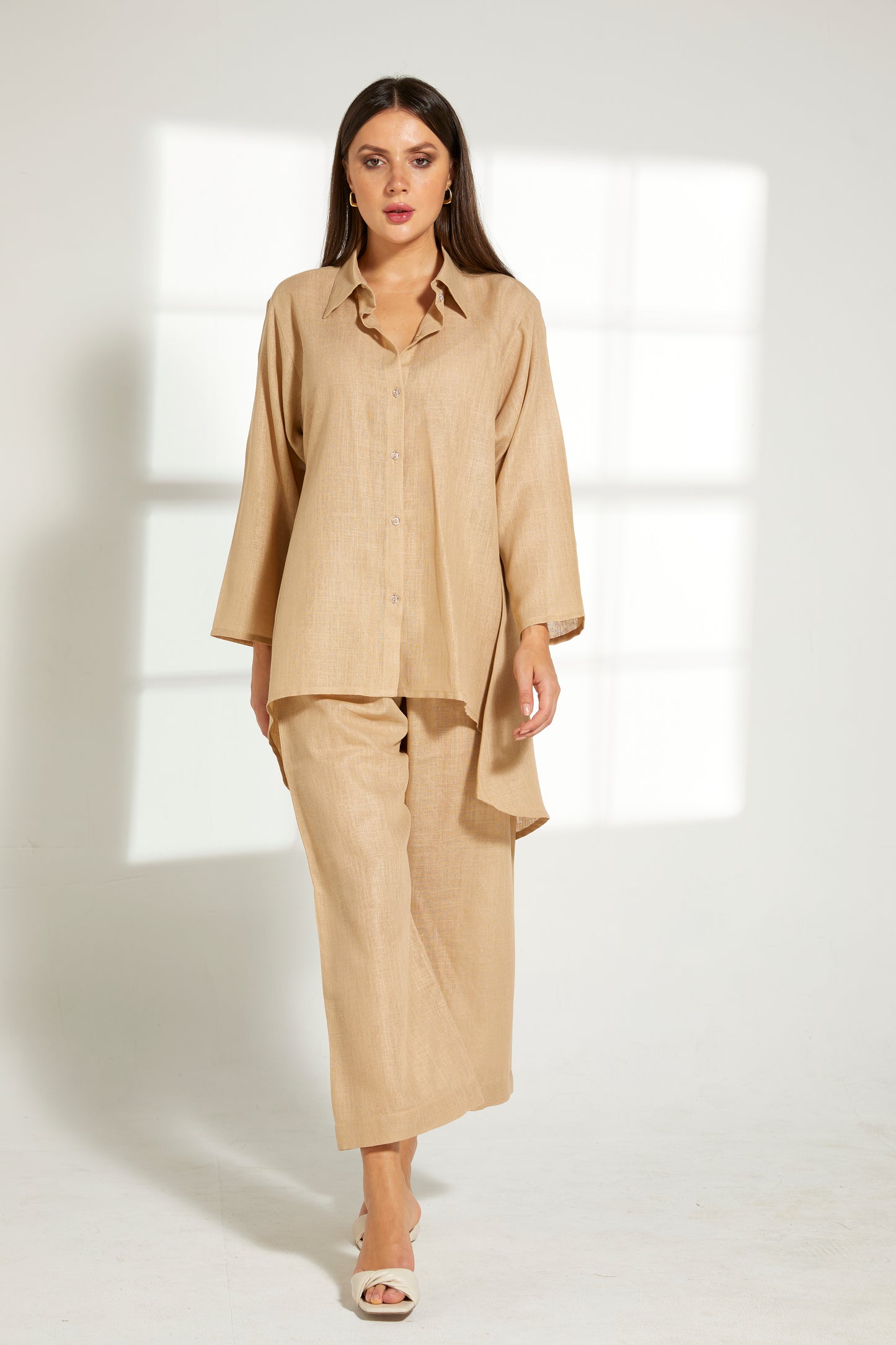 MOiSTREET Beige Linen Fabric With  Top and Pants Set (7822185234659)