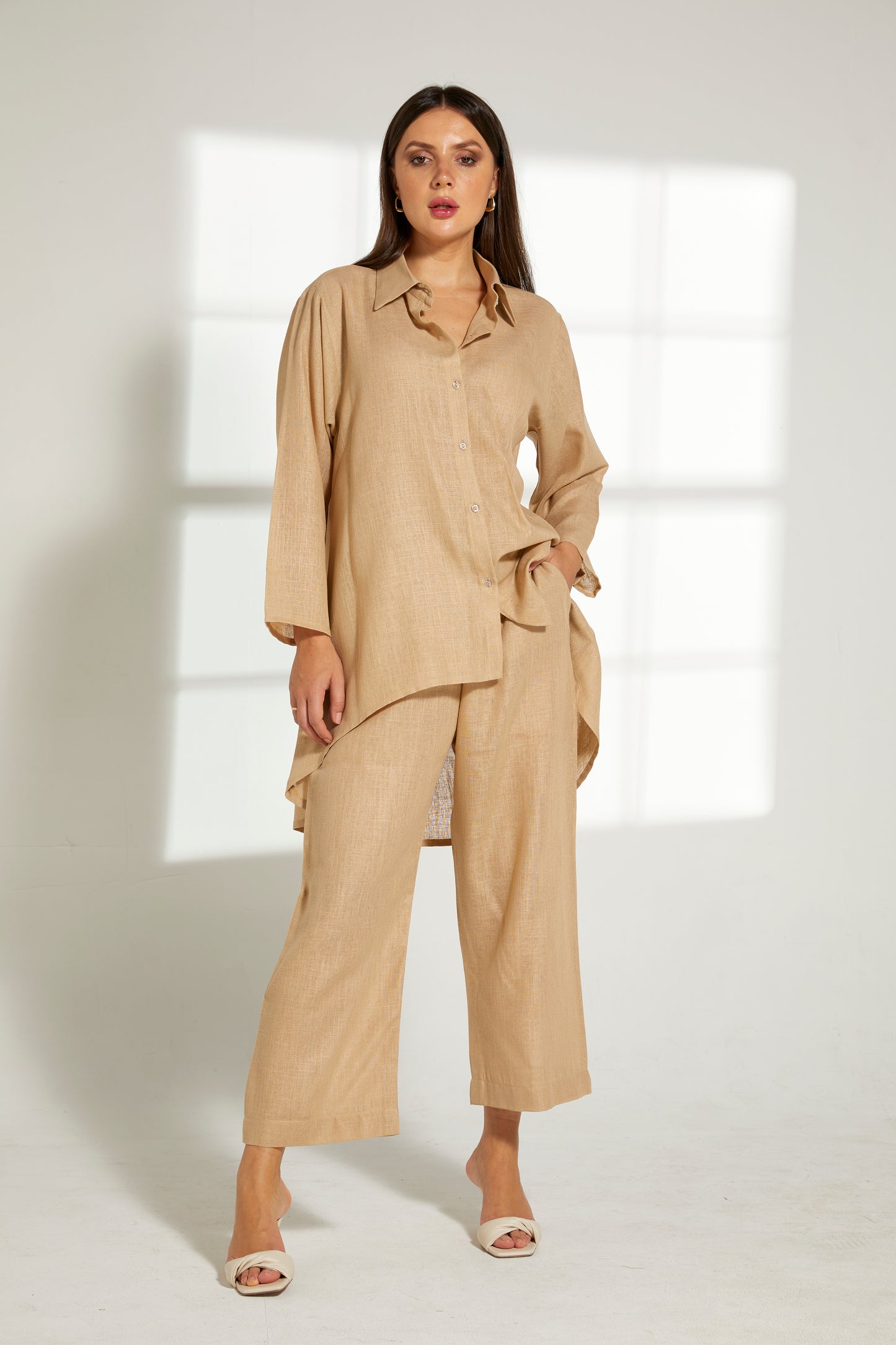 MOiSTREET Beige Linen Fabric With  Top and Pants Set (7822185234659)