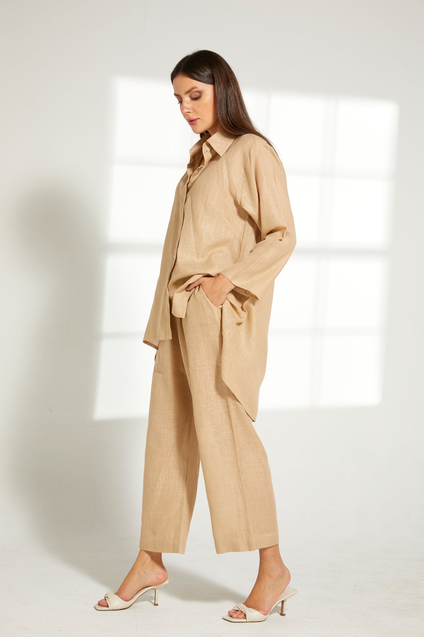 MOiSTREET Beige Linen Fabric With  Top and Pants Set (7822185234659)