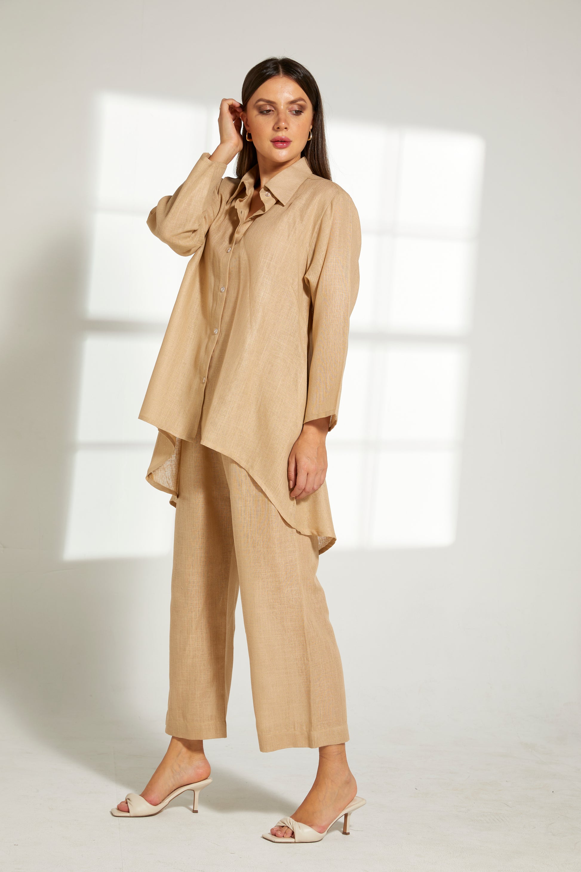 MOiSTREET Beige Linen Fabric With  Top and Pants Set (7822185234659)