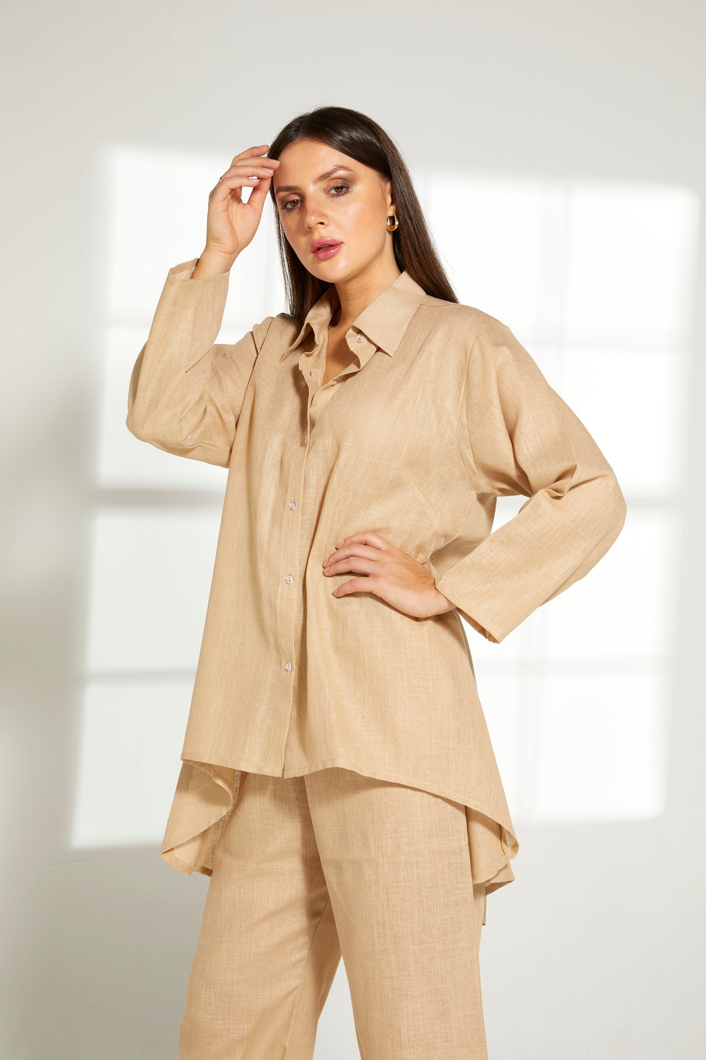 MOiSTREET Beige Linen Fabric With  Top and Pants Set (7822185234659)