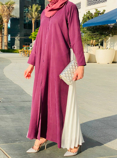 MOiSTREET Shamoua Purple and White Pleated Abaya (6701418283192)