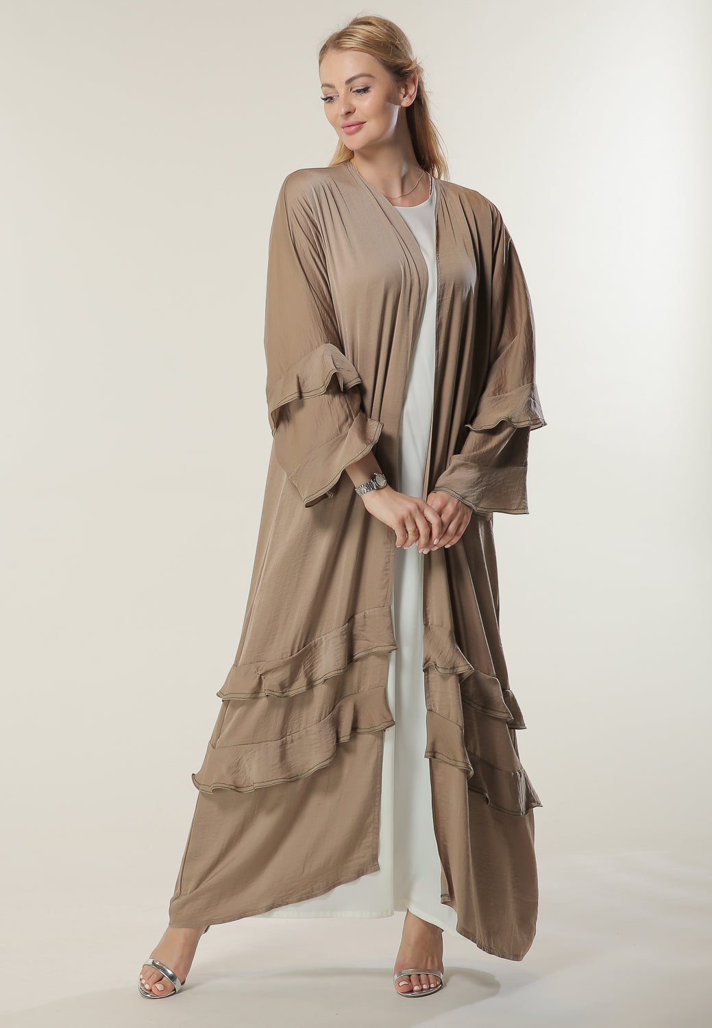 Shop Tan Casual Abaya with Frills on Hem (6701412188344)