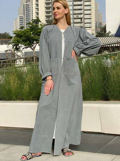 Grey Shamoua Abaya with Front Pockets and Pleated Trimmings (6701419364536)
