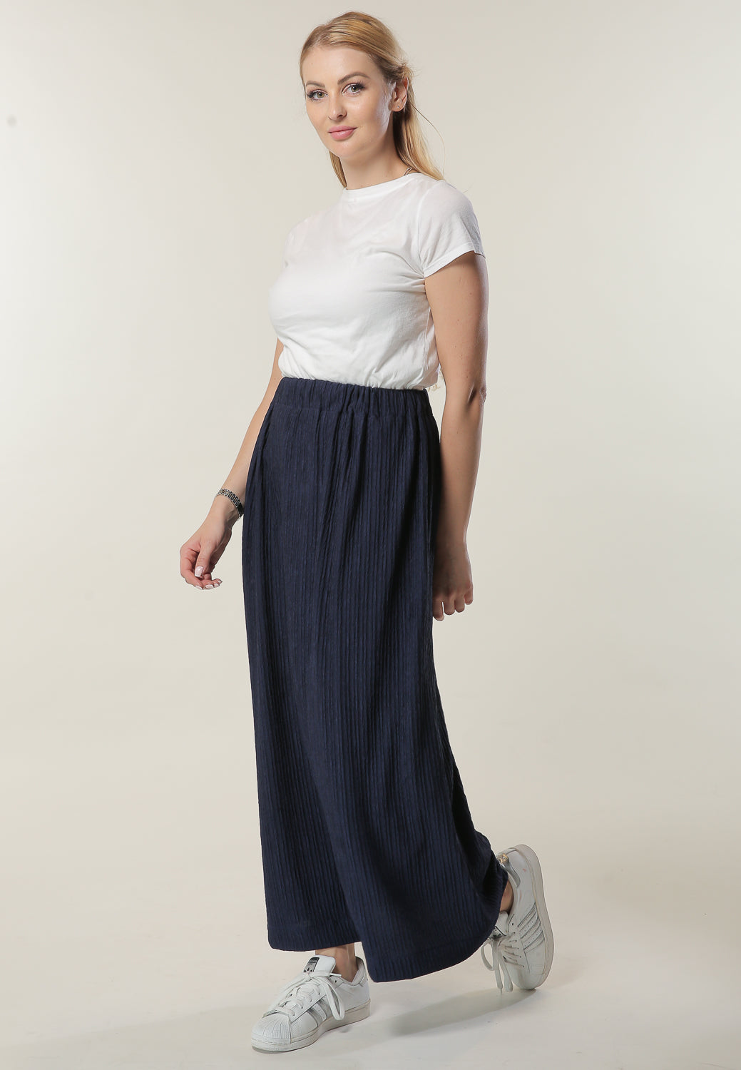 Shop Navy long Pleated Skirt (6701414449336)