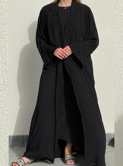 MOiSTREET Linen Black Textured with Pleated Sleeves Abaya Set with Under Dress & Sheila (6701419233464)