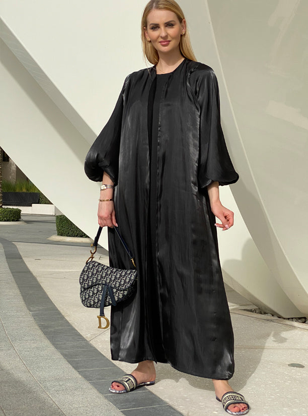 MOiSTREET Shimmery Bubble Sleeves Black Abaya Set with Under Dress & Sheila (6701419266232)