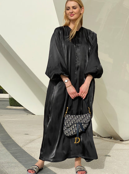 Shimmery Bubble Sleeves Black Abaya Set with Under Dress & Sheila (6701419266232)