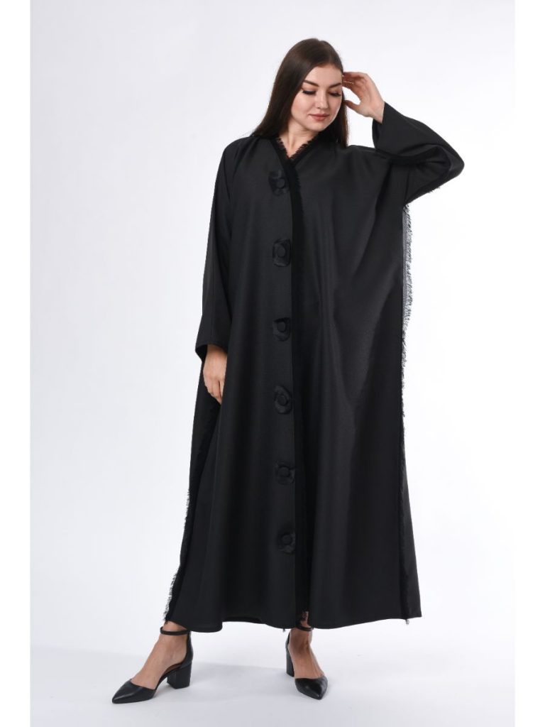 MOiSTREET Black Abaya with Button Highlight and Fringe Detail (6701404553400)