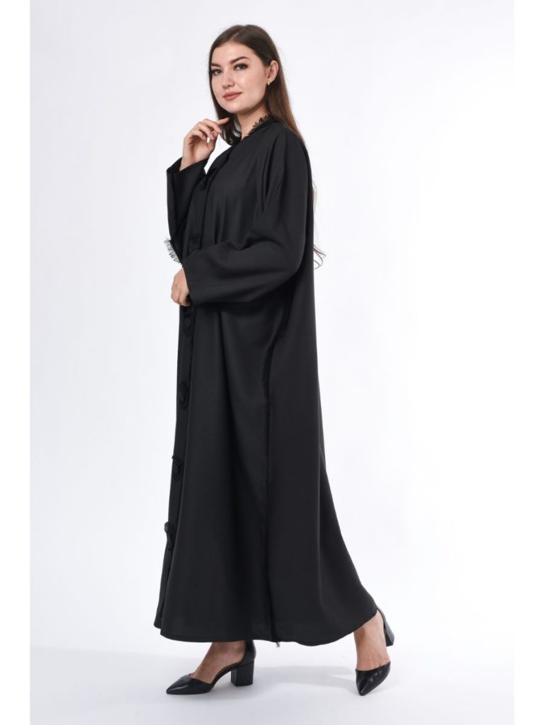 MOiSTREET Black Abaya with Button Highlight and Fringe Detail (6701404553400)