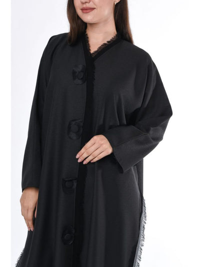Black Abaya with Button Highlight and Fringe Detail (6701404553400)
